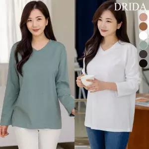 드리다 여자 봄 가을 슬라브 브이넥 긴팔 면티 루즈핏 빅사이즈 흰 티셔츠 화이트 40-50대 미시 중년 여성