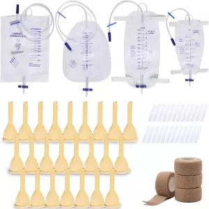 남성용 외부 카테터 부드러운 라텍스 세트 24개 750ml 및 다리 가방 1개 소변 테이프 4롤 포함 - 컬렉션