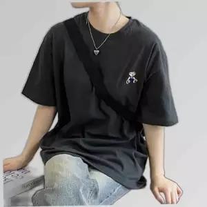 여성 오버핏 순 면 여름 테디베어 차콜 티셔츠 반팔