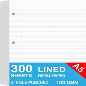 3팩 A5 필러 용지 3개의 홀 플래너 리필 정리함 루즈 바인더 총 300매/600페이지 안감 100gsm 흰색 5.8 x