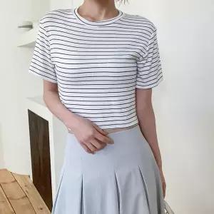 여성용 레이온 반소매 단가라 SS 티셔츠 남방 줄무늬