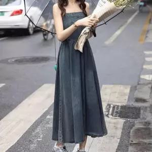 트렌디원피스 여자 데님 민소매 롱 나시 원피스 스모크 밴딩 진청