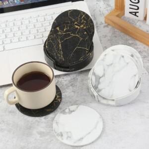 6pcsMarble 코스터 인조 가죽 10cm 기름과 워터 방지 내열성 기본 양면 커피 컵 받침