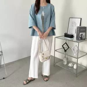 [하프클럽/옷자락]여자 라운드 노카라 루즈핏 7부 소매 여름 린넨 자켓