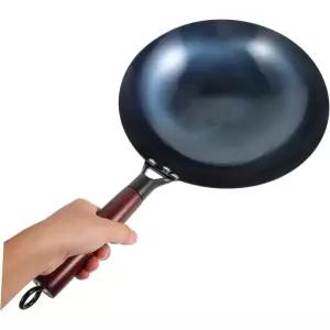 철 웍 냄비 가정용 프라이팬 전통 수제 단조 코팅 없는 나무 손잡이 구식 30cm
