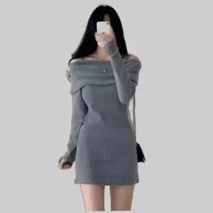 소개팅 결혼식하객 골지 오프숄더 여리 원피스