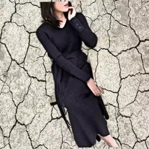 데일리룩 롱원피스 브이넥 원피스 골지 슬림핏 옆트림