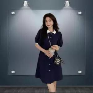 배색 캐주얼 원피스 퍼프 데일리 미니 카라