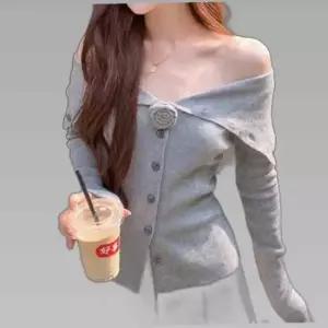 플라워 코사지 오프숄더 골지 가디건 HH-L11