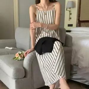 랩원피스 끈조절 나시 롱원피스 세로 스트라이프 A라인 여행룩
