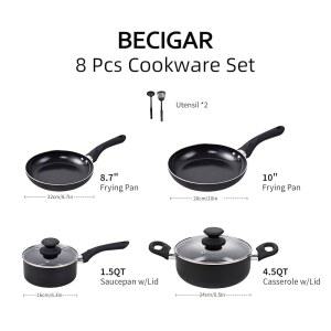 BECIGAR 8PCS 인덕션 쿠킹 냄비 프라이팬 세이프 논스틱 프라이팬 포함된 쿡웨어 세라믹 블랙 주방 세트 국자가 세트 포트 소스팬