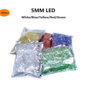 1000pcs 라운드 5mm LED 다이오드 모듬 키트 흰색 녹색 빨간색 파란색 노란색 DIY 발광 F5