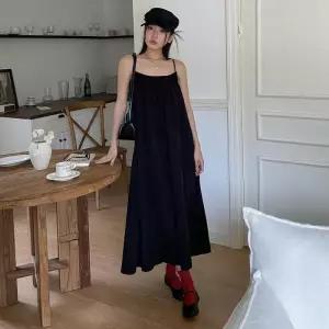여자 끈나시 가슴 프릴 플레어 롱 원피스