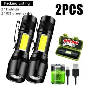 미니 LED 손전등 COB + XPE 휴대용 토치 USB 충전 캠핑 랜턴 Zoomable 초점 라이트 전술 펜 클립