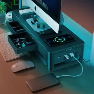 노트북 PC용 모니터 스탠드 라이저 USB 3.0 허브 데이터 전송 및 무선 충전 지원 서랍 보관함 책상 정리함