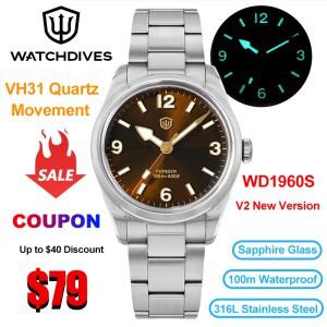 Watchdives WD1960S V2  쿼츠 시계 VH31 스윕 무브먼트 사파이어 빈티지 100m 방수 발광 남성용 밀리터리