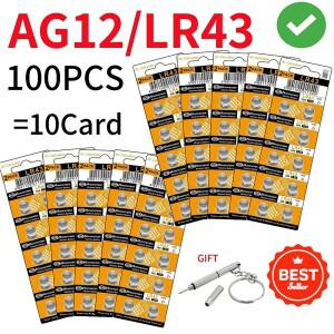 100개 1.55V AG12 LR43 100mAh 버튼 셀 386 LR1142 V12GA AG 12 코인 시계 장난감 리모컨 배터리