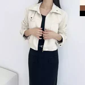 여성 슬림핏 카라 지퍼 포켓 고급 스웨이드 크롭 라이더 자켓