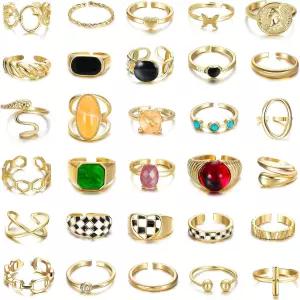 플로리데코 30Pcs 18K 골드 도금 청키 링 여성용 트위스트 시그넷 스태커블 너클 미디 조절 가능 오픈 세트