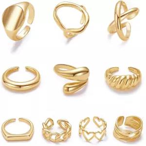 MOROYA 10PCS 여성용 골드 돔 청키 링 18K 금도금 땋은 꼬임 원형 시그니처 조절 가능 오픈 밴드 명세서
