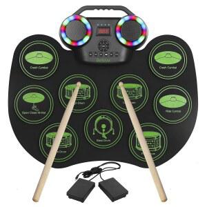 전자 드럼 E-드럼 키트, 본비 휴대용 롤업 디지털 드럼, 9개의 패드, MIDI, DTC, 내장 듀얼 스피커, 충전식 2000mAh 리튬 이온 배터리, 초보자 및 음악 애호가에게 이상적입니다