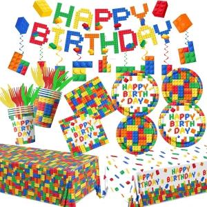 빌딩 블록 테마 생일 파티 장식품 축하를 위한 접시 냅킨 컵 식탁보 배너를 포함한 171개의 다채로운