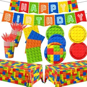 빌딩 블록 생일 파티 용품 143개의 식기 세트 컬러 벽돌 접시 및 냅킨 위한 컵 식탁보 배너 포함