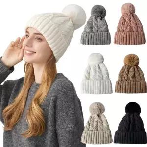겨울 트위스트 뜨개질 모자 따뜻한 모피 Pompom 두꺼운 플러시 Beanies 솔리드 숙녀 다목적 스키 스노우