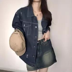 신상오픈런 여성용 간절기 데님 재킷 찢어진 청바지 캐주얼 진청