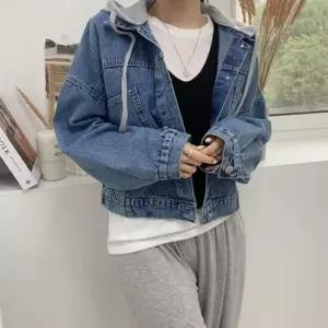 신상오픈런 여성 배색 후드 데님 자켓 루즈핏 크롭 기장