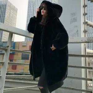 여성 인조 모피 겨울 후드 집업 아우터 블랙
