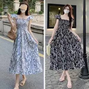 스모크원피스 클릭유도 밴딩 휴가 롱 맥시 원피스 여성 여름 해외여행룩