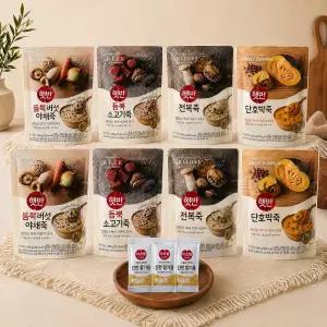 비비고 죽 420g 8개 세트 (전복죽x2개+듬뿍소고기죽x2개+단호박죽x2개+듬뿍버섯야채죽x2개)+참기름