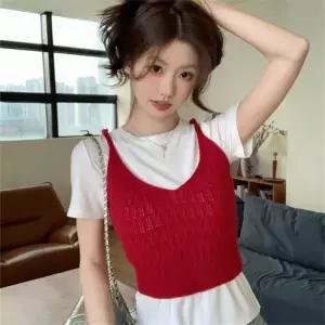 여름 여자 니트조끼 뜨개짜임 뷔스티에 레이어드탑