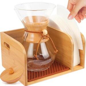Chemex 커피 메이커를 위한 뚜껑 및 내열 트리벳 매트가 있는 대나무 캐디 - Pour Over Glass 메이커(3/5/6/8/10컵), Bodum Coffee 메이커용 컵 포함되지 않음
