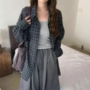 [하프클럽/옷자락]여성 린넨 체크 루즈 셔츠 시스루 남방