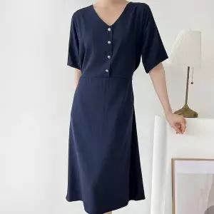 [하프클럽/옷자락]여자 여름하객룩 브이 버튼 뒷리본 빅사이즈 롱원피스