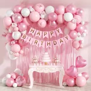 진주 화이트 라이트 펄 메탈릭 핑크 포일 풍선이 달린 생일 장식 여성용 축하 프린지 커튼 배너