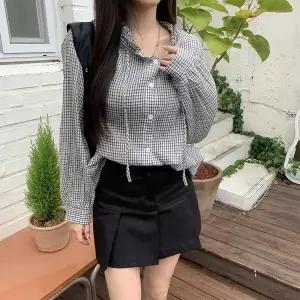 [하프클럽/다잇템]여자 잔잔체크 남방 롱슬리브 프릴 후디 남방