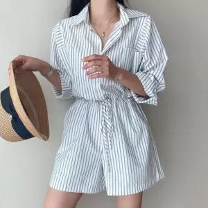포뇨 여성 봄여름 칼라 스트라이프 스트링 슬림핏 캐주얼 점프슈트 OPH2