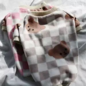강아지 체크 곰돌이 반팔티 핑크 1P 겨울 티셔츠 보온