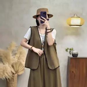 EAMT 여자 하계 민소매 브이넥 아우터 톱 올오버 린넨 베이직 조끼 EUNG2