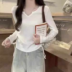 [골드스마일]사이드 베이직 셔링 리본 긴팔 티셔츠