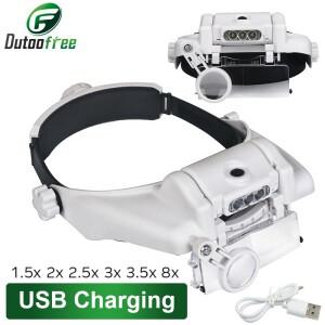 USB 충전식 안경 루페 시계 제조 업체 수리 도구 돋보기 LED 헤드 밴드 1.5x 2x 3x 8