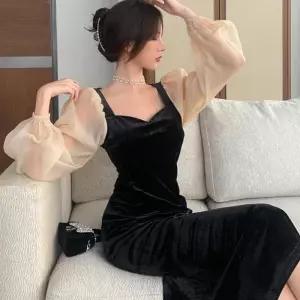 레이어드벨벳원피스 슬림핏 우아한 예쁜 (41555483A)