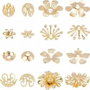 PH 팬더홀 구슬 캡 48pcs 8 스타일 리얼 24K 금도금 황동 꽃 모양 끝 귀걸이 팔찌 목걸이 주얼리 DIY