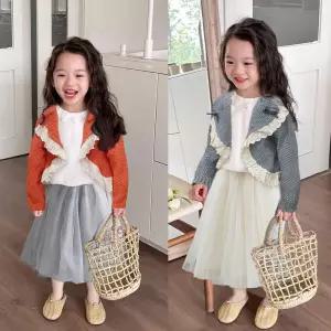 언발 크롭 여아 뜨개 간절기 긴팔 니트 가디건 라운드넥 끝단 레이스 러블리 키즈 봄 가을옷