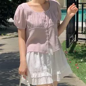 데이린 셔링 퍼프 크롭 반팔 블라우스 여름 여성 하객룩 출근룩