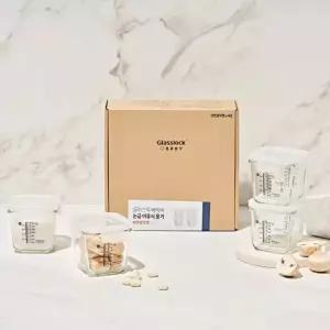 글라스락 베이비 눈금 이유식용기 큰용량 270ml 사면결착캡 4조 선물세트 코코넛밀크