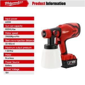 밀워키 800ML 600W 페인트 스프레이 건 탱크 & 39000 RPM 브러시리스 모터 자동 가구 벽 차량용 18V 배터리